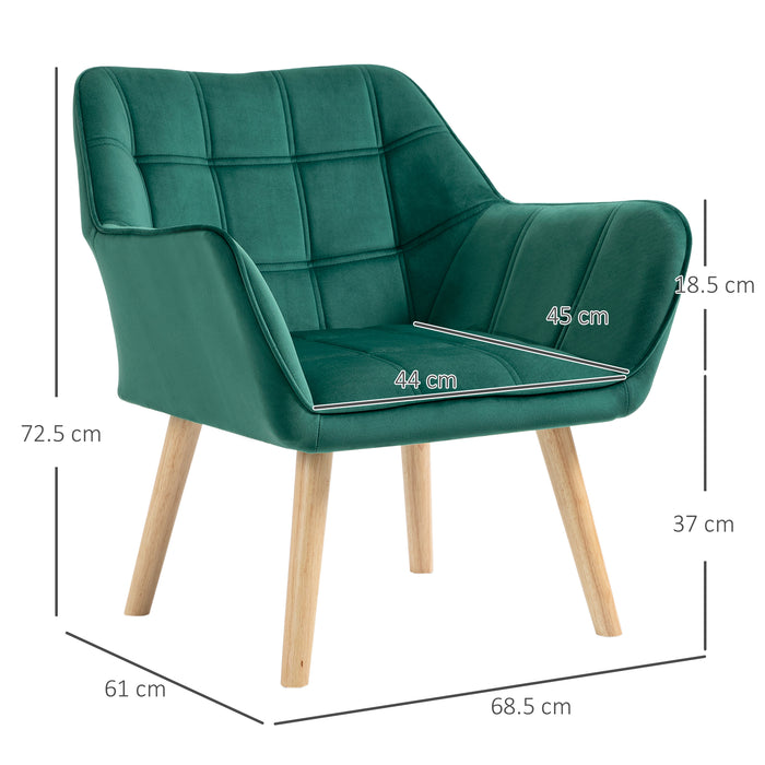 Elegant Green Velvet Armchair with Wooden Legs - Comfy Vanity Chair Set with Wide Arms & Slanted Padded Back - Perfect for Bedroom & Living Room Decor, Set of 2