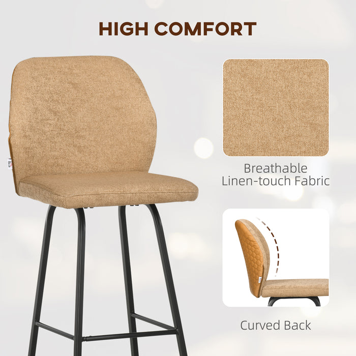 Linen-Touch Upholstered Bar Chairs Set of 4 - Comfortable Kitchen Stools with Backs and Steel Legs, Light Brown - Ideal for Dining Room and Kitchen Island Seating