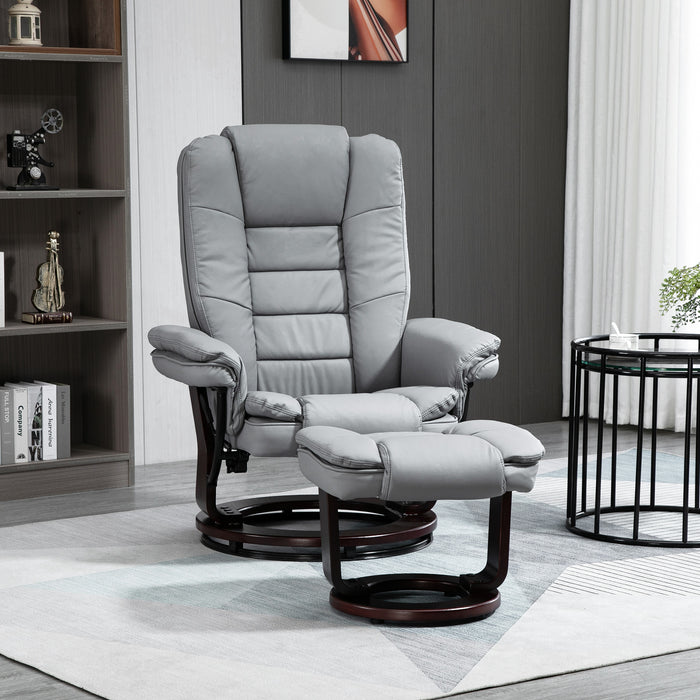 PU Leather Manual Recliner with Footrest - Swivel Lounge Chair with Wooden Base, Comfortable Armchair in Grey - Ideal for Relaxation and Home Leisure