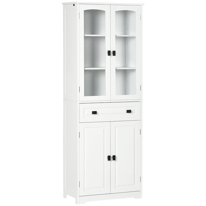 Freestanding Kitchen Storage Cabinet - 2 Adjustable Shelves, Drawer, Glass Door, 160cm in White - Ideal for Dining and Living Room Organization