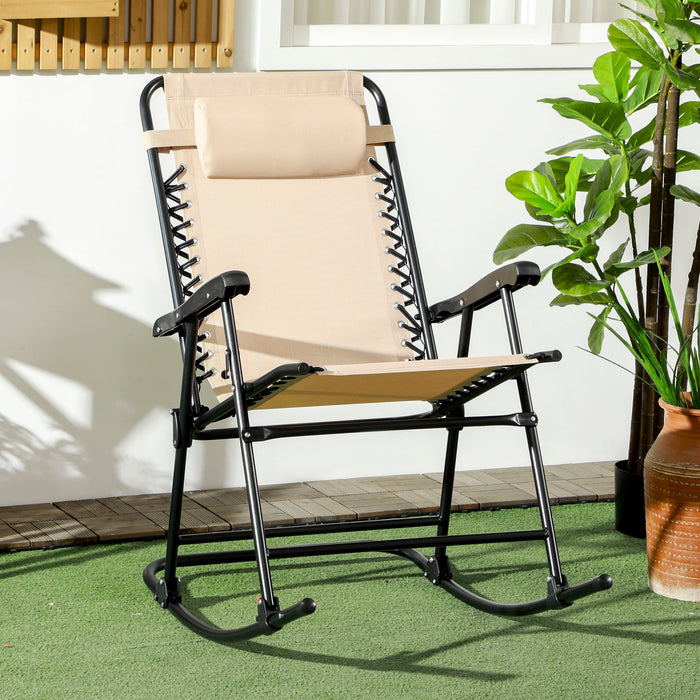 Outdoor Folding Rocking Chair - Portable Zero Gravity Design with Headrest in Beige - Comfort Seating for Patio and Garden