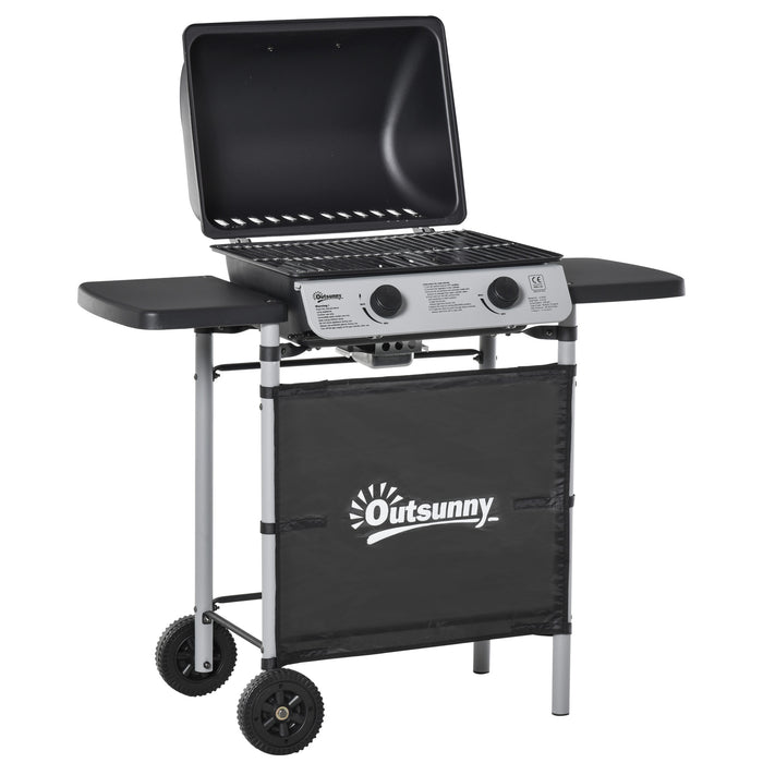 Propane Gas BBQ Grill with 2 Burners - 5.6 kW Outdoor Barbecue with Side Shelves and Wheels - Ideal for Patio Cooking and Tailgating Events