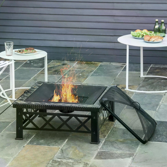 3-in-1 Square Fire Pit with BBQ Grill - Durable Metal Brazier for Garden & Patio, Includes Spark Screen, Grate & Poker - Ideal for Outdoor Heating and Cooking, 76cm x 76cm x 47cm