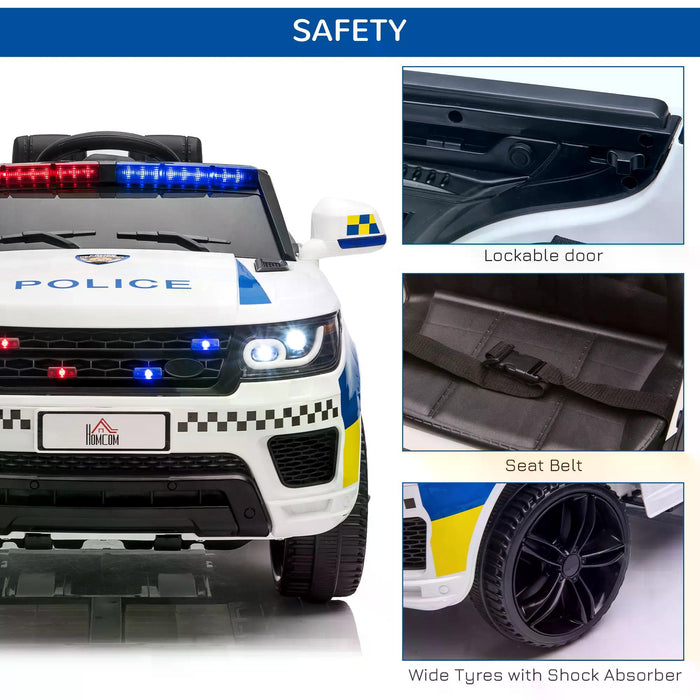 Kids 12V Electric Police Car Ride-On with Remote Control - Siren, Flashing Lights, USB, Bluetooth Features - Perfect for Children 3-6 Years Old, White