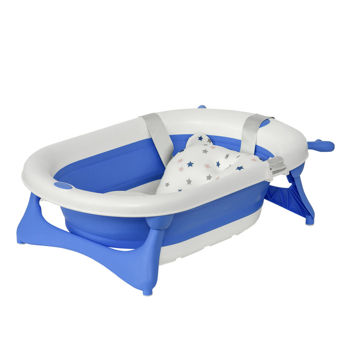 Foldable Ergonomic Baby Bath Tub with Cushion - Temperature-Sensitive Plug, Non-Slip Legs, Portable Design - Ideal for Infants 0-3 Years, Blue