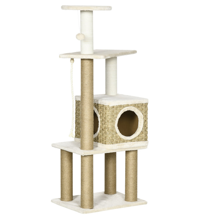 Cat Tower Activity Center - Sturdy Jute Scratching Post, Cozy Condo & Playful Hanging Ball Toy - Ideal for Indoor Cats and Kittens Entertainment