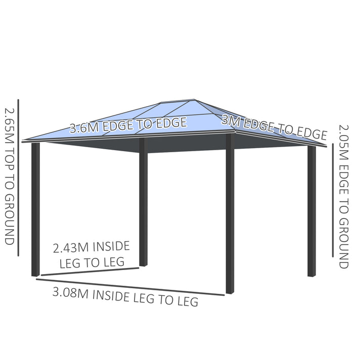 3.6 x 3m Hardtop Gazebo - UV-Resistant Polycarbonate Roof & Aluminum Frame with Mosquito Netting and Curtains - Ideal for Outdoor Entertaining and Relaxation