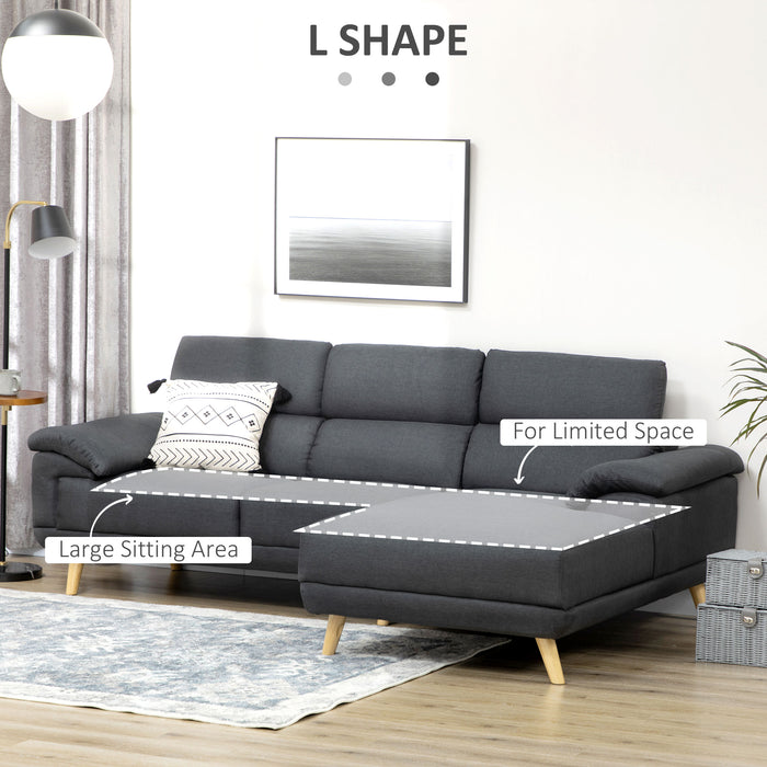 Fabric L-Shaped Corner Sofa with Adjustable Headrest - 3-Seater Settee for Spacious Living Room Comfort - Contemporary Dark Grey Furniture for Home Lounging