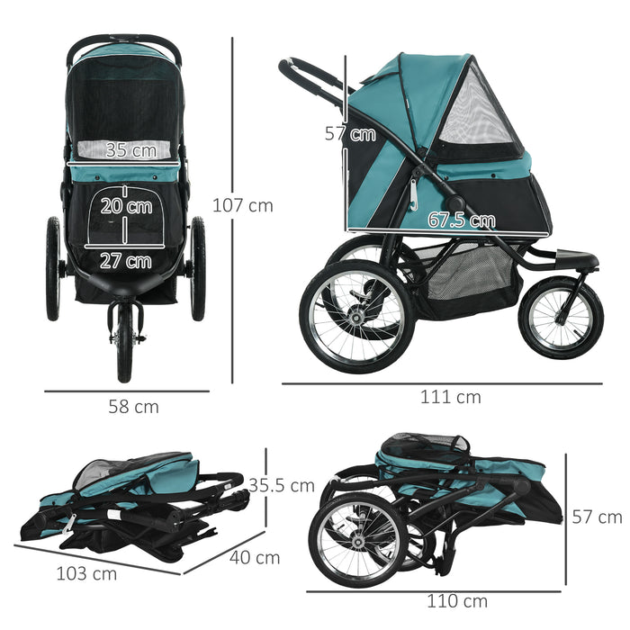 Foldable Pet Stroller Jogger - Medium & Small Dogs, Cats Pram with Adjustable Canopy, 3 Large Wheels, Dark Green - Comfortable Outdoor Travel for Pets