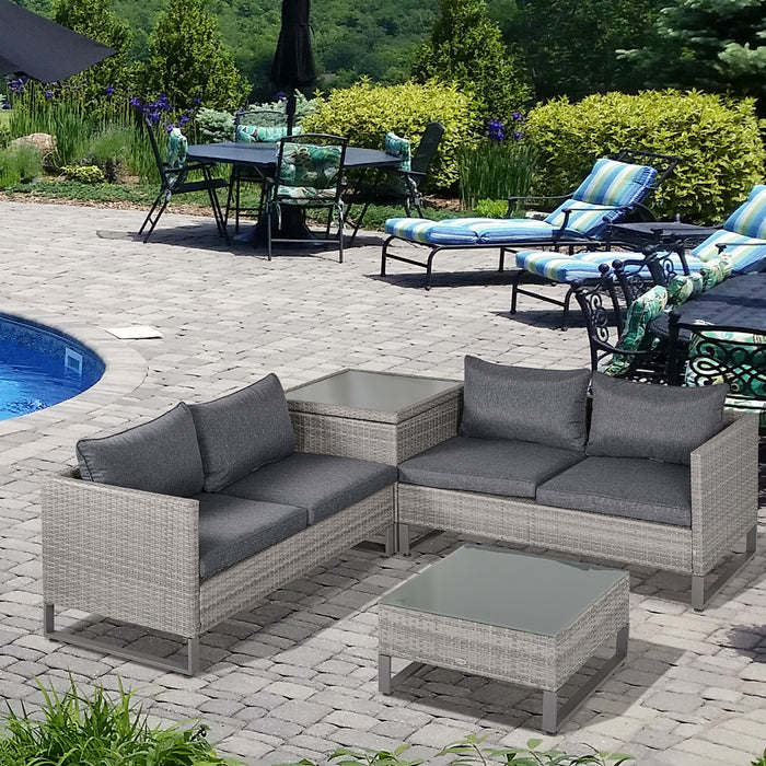 4-Seater PE Rattan Sofa Set - Wicker Garden Patio Furniture with Coffee Table and Side Storage Box, Cushions Included - Ideal for Outdoor Conservatory Spaces, Grey