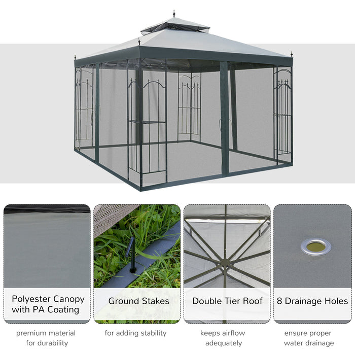 Outdoor Double-Tiered Canopy Gazebo - 3x3 Meter Patio Event Shelter, Garden Wedding Party Tent, Sun Shade with Mesh Curtains - Ideal for Backyard Events, Grey