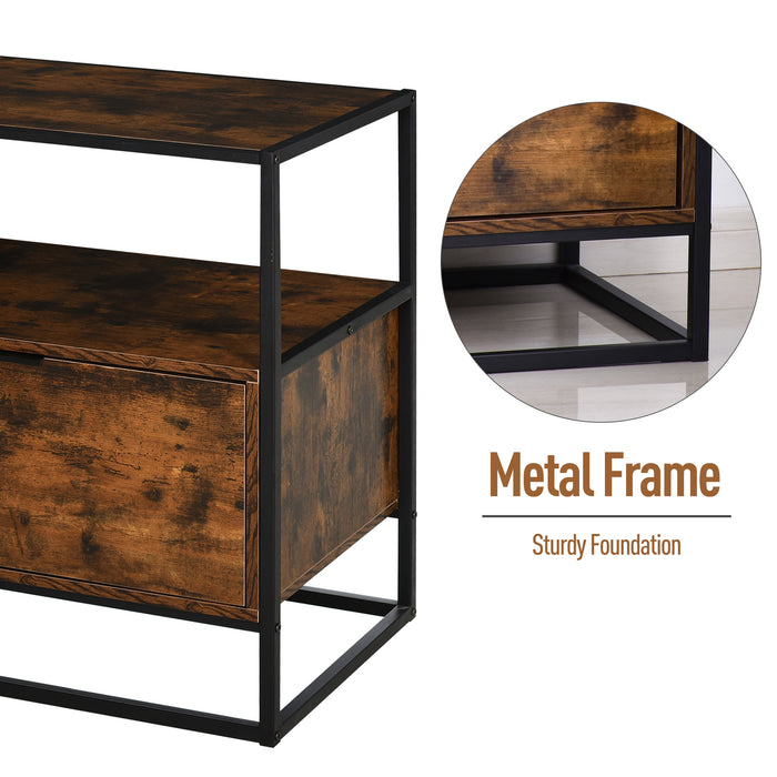 Industrial-Chic Side Table with Storage Drawer - Open Shelf, Large Base, and Steel Frame - Retro Two-Tone Design for Bedroom and Living Room Decor