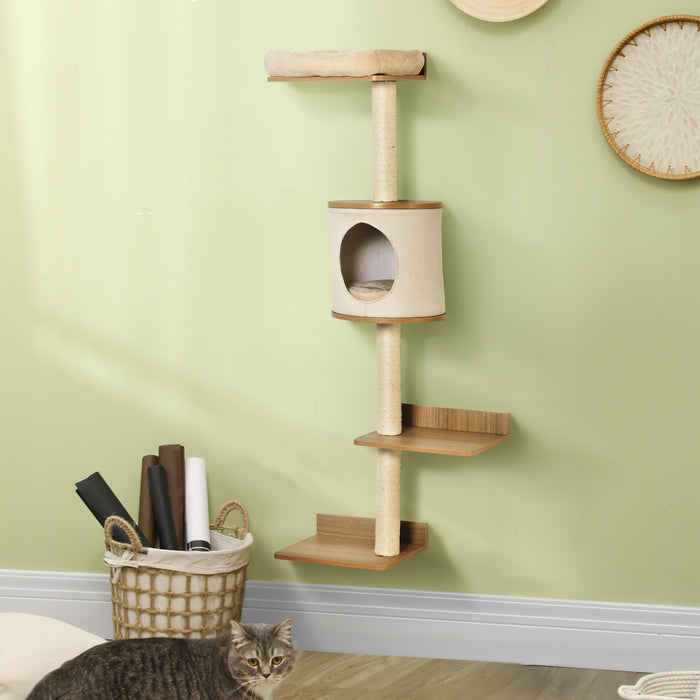 Wall-Mounted Cat Tree with Condo Bed - Indoor Kitten Perch, Climber & Scratching Post Furniture in Beige - Space-Saving Shelter for Cats