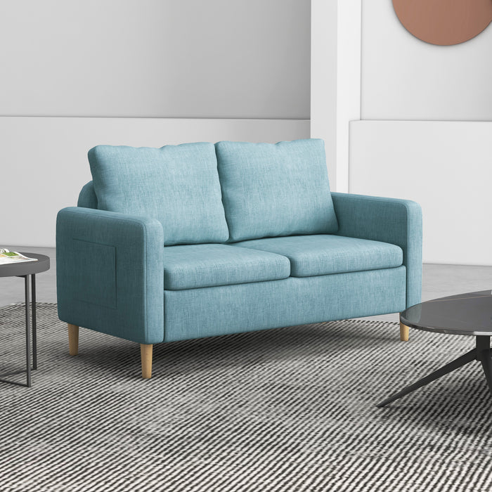 Modern Fabric 2-Seater Loveseat - Elegant 143cm Sofa with Wooden Legs and Storage Pockets - Ideal for Living Room, Bedroom, or Home Office in Stylish Blue