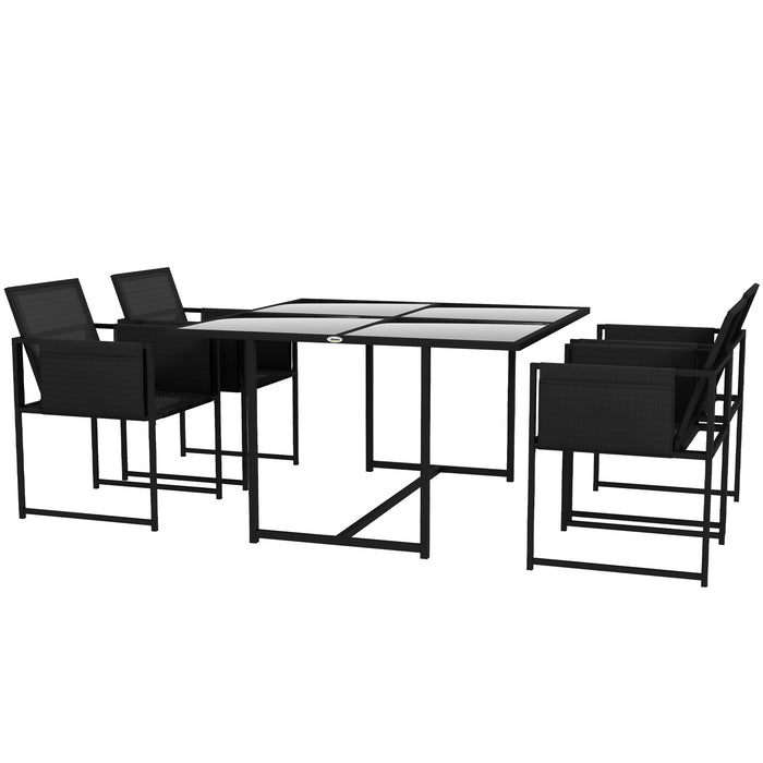 5-Piece Outdoor Dining Ensemble with Comfort Mesh Seating - Reclinable Chairs & Shatter-Resistant Glass Table - Ideal for Patio & Garden Entertaining