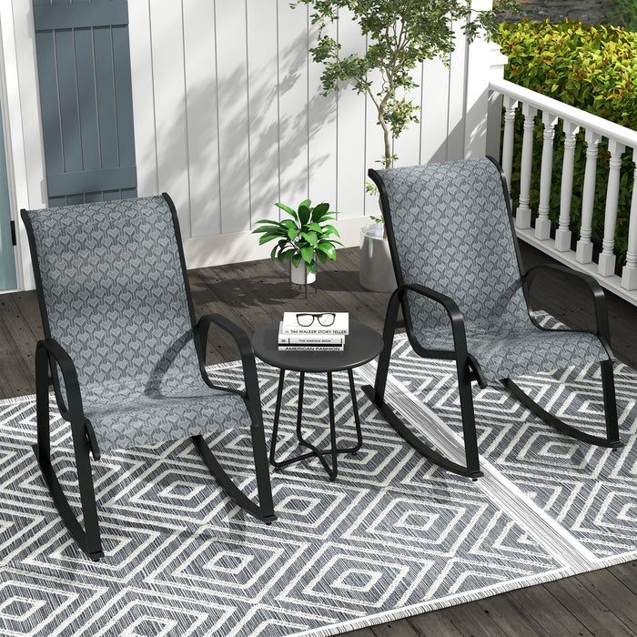 Outdoor Patio Rocking Chair Set - 3-Piece Bistro Set with Metal Coffee Table & Breathable Mesh Fabric - Ideal for Garden Relaxation & Entertaining