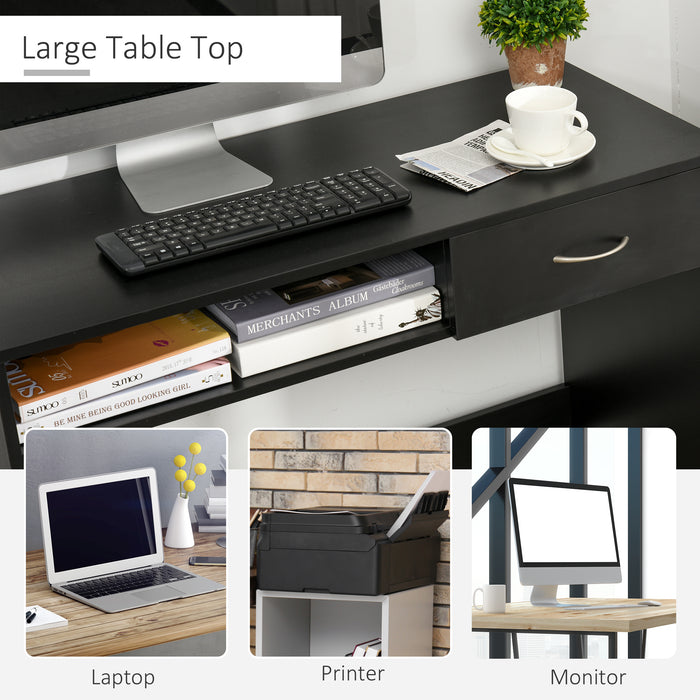 Modern Computer Work Desk with Shelf and Drawer - Ergonomic Standing Writing Station, Stylish Storage Solution - Ideal for Study or Display in Compact Spaces, Black