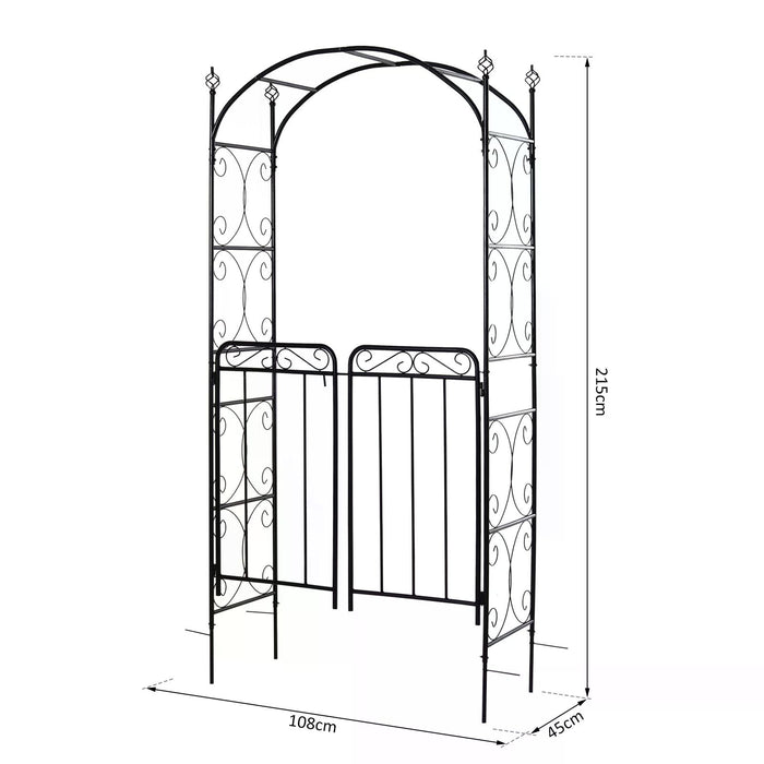 Outdoor Patio Trellis Arbor with Gate - Garden Decorative Metal Arch for Climbing Plants, Antique Black Finish - Ideal for Backyard Entryways and Flower Support, 108L x 45W x 215H cm