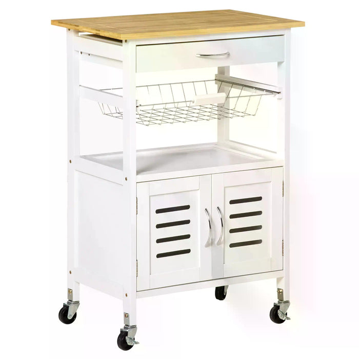 Kitchen Island Cart with Bamboo Top - Rolling Trolley with Storage, Drawer & Wire Basket - Mobile Utility Cart for Home Kitchen Organization