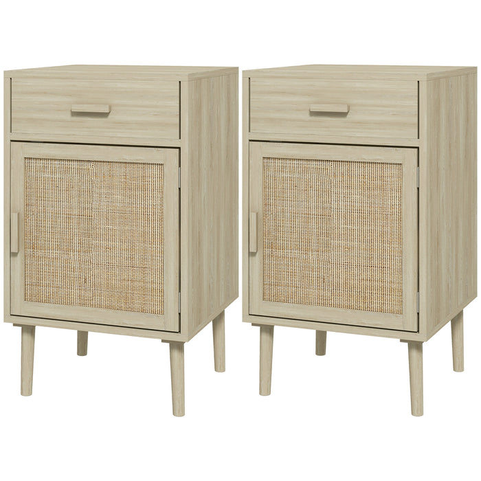 Rattan Side Tables with Adjustable Shelf and Storage - Set of 2 Bedside Cabinets with Drawer in Natural Wood Effect - Ideal for Bedroom and Living Room Organization