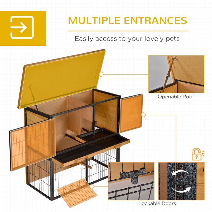 Elevated Wooden Rabbit Hutch with Metal Frame - Bunny Cage with Slide-Out Cleaning Tray, Asphalt Roof, Secure Lockable Door - Ideal for Outdoor Pet Housing and Protection