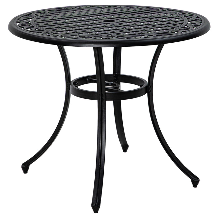 Elegant Cast Aluminium 90cm Round Garden Dining Table - Features Parasol Hole for Shaded Outdoor Meals - Perfect for Balcony Seating 2-4, Black Finish