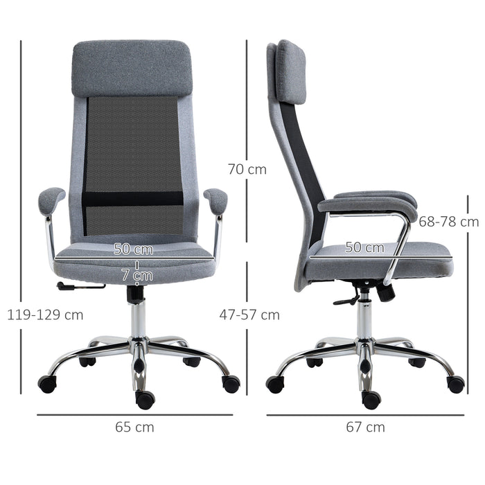 High-Back Linen-Feel Mesh Office Chair - Ergonomic Swivel Task Chair with Arms and Wheels - Comfortable Desk Seating for Home Office Use, Grey