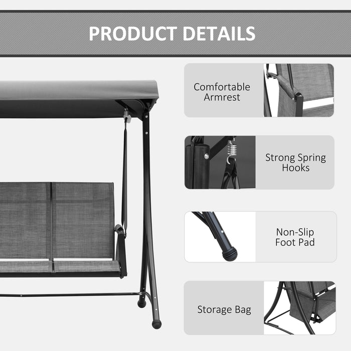 3-Person Patio Swing Chair with High Back - Outdoor Porch Seating with Side Pouches & Adjustable Canopy, Charcoal Grey - Comfortable Lounge for Garden or Deck Entertainment