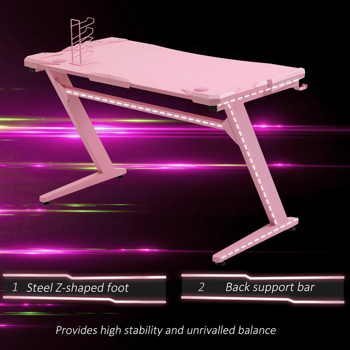 Ergonomic Gaming Desk with Headphone Hook and Cup Holder - Home Office Gamer Workstation Racing Table in Pink - Ideal for Comfort and Style in Gaming Setups (122 x 66 x 86cm)