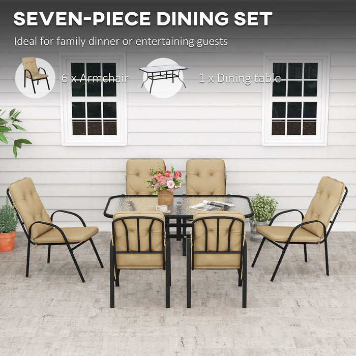 7 Piece Garden Dining Set - Outdoor Table with Tempered Glass Top and Umbrella Hole, 6 Beige Texteline Armchairs with Cushions - Ideal for Patio Entertaining and Family Meals