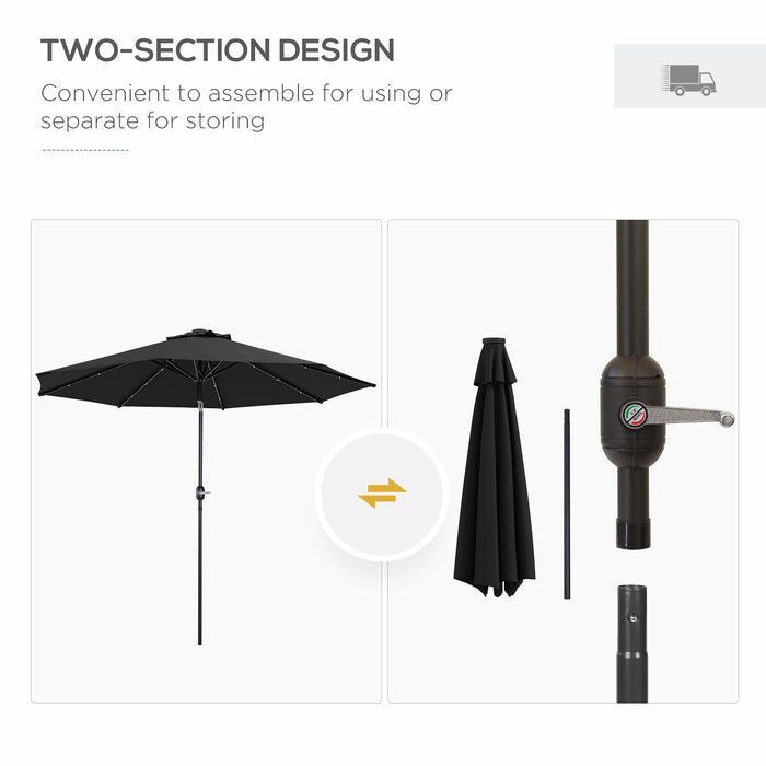 Outdoor Patio Umbrella - 2.7m Garden Parasol with Tilt and Crank Function, 24 LED Lights, in Black - Ideal for Nighttime Ambience & Sun Protection