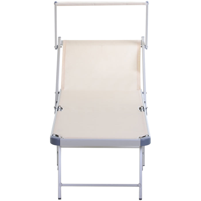 Sun Lounger with Canopy - Adjustable Reclining Texteline Chaise Lounge, Aluminium Frame, Beige - Ideal for Garden Relaxation and Sunbathing