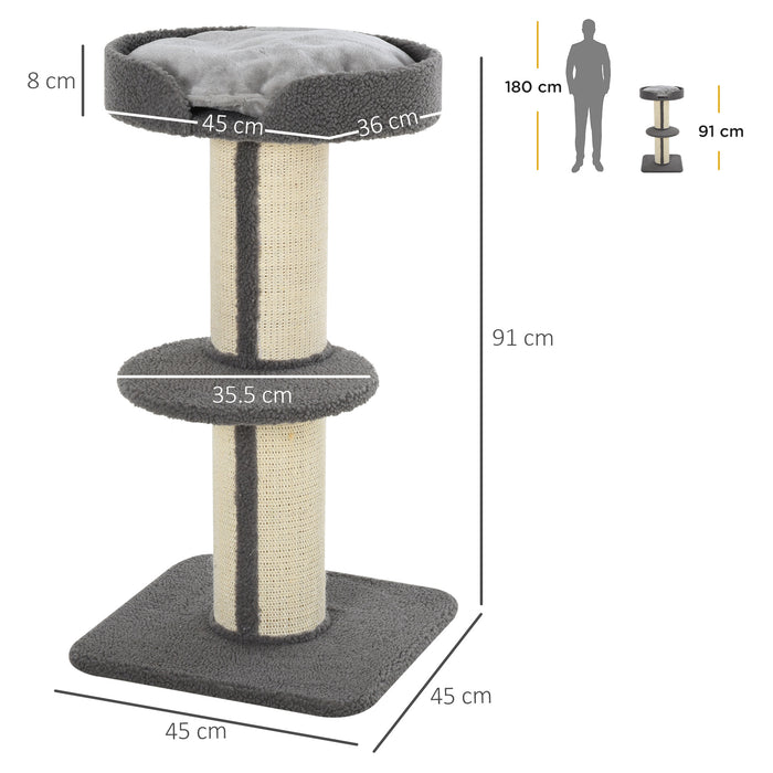 Cat Tree with Sisal Scratching Post - 81cm Kitten Activity Center with Climbing Frame & Large Platform - Cozy Lamb Cashmere Perch for Cats, Grey