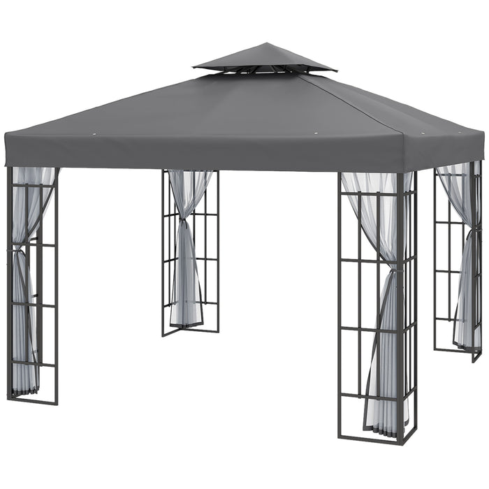 Patio Gazebo Canopy 3x3m with 2-Tier Roof - Outdoor Garden Pavilion Tent Shelter & Mosquito Netting, Steel Frame - Ideal for Backyard Relaxation and Entertaining, Grey