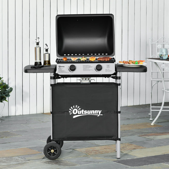 Propane Gas BBQ Grill with 2 Burners - 5.6 kW Outdoor Barbecue with Side Shelves and Wheels - Ideal for Patio Cooking and Tailgating Events