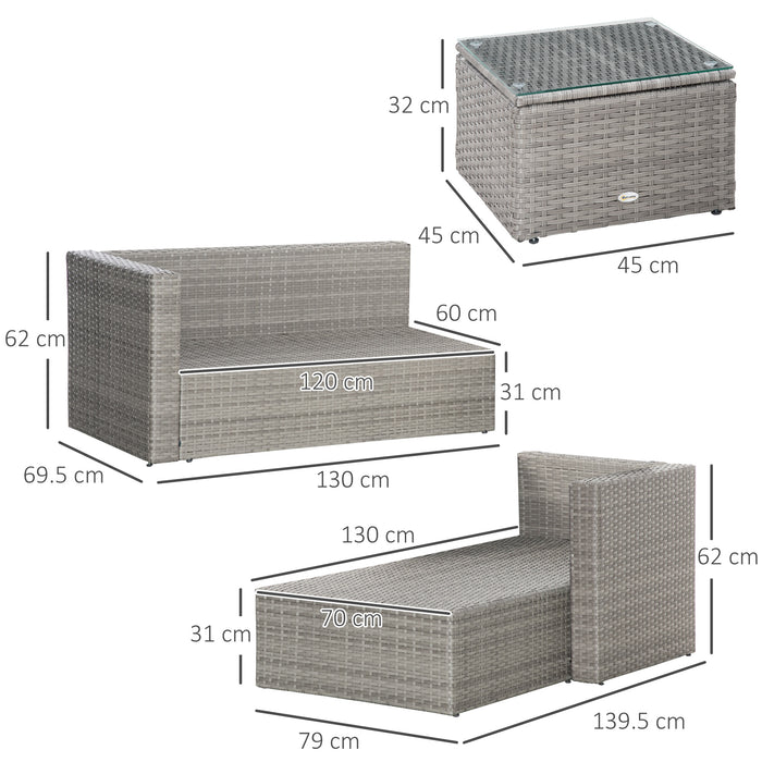 3-Piece PE Rattan Sofa Set - Outdoor Patio Corner Wicker Conversation Chaise Lounge with Tempered Glass Tabletop & Grey Cushions - Ideal for Garden Deck Entertainment