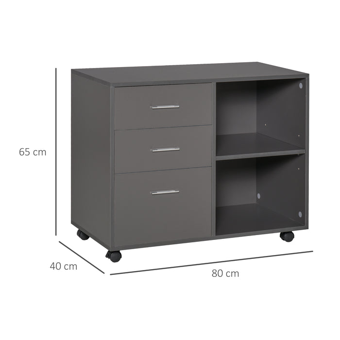 Office Desk Side Mobile Storage Unit - Freestanding Printer Stand with Wheels, 3 Drawers & 2 Open Shelves, Modern Style - Ideal for Organizing Office Supplies, 80x40x65 cm, Grey