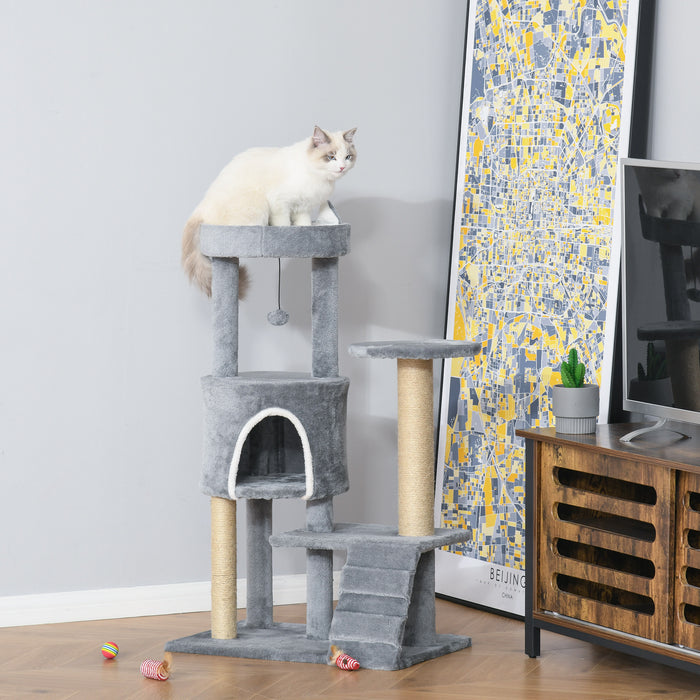 Cat Tree Tower Condo - 100cm Multi-Level Playhouse with Climbing Ladder, Scratching Post & Hanging Toy Ball - Ideal for Exercise and Relaxation for Cats in Light Grey