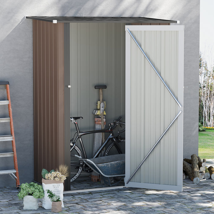 Garden Metal Storage Shed 5x3ft - Outdoor Sloped Roof Tool Shed with Lockable Door, Brown - Ideal for Equipment and Bike Storage