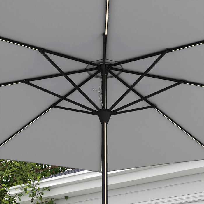 Solar LED Garden Parasol - Crank Handled Light Grey Patio Umbrella for Outdoors - Illuminated Nighttime Comfort for Deck & Backyard