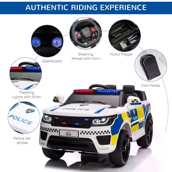 Kids 12V Electric Police Car Ride-On with Remote Control - Siren, Flashing Lights, USB, Bluetooth Features - Perfect for Children 3-6 Years Old, White