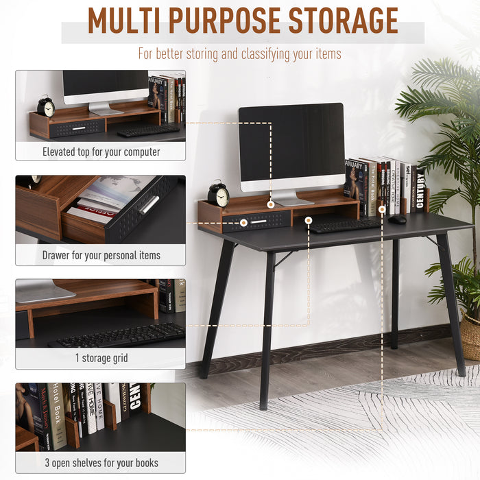 Modern Computer Desk with Hutch and Drawer - Laptop Writing Table Workstation in Brown and Black - Ideal for Home Office Use