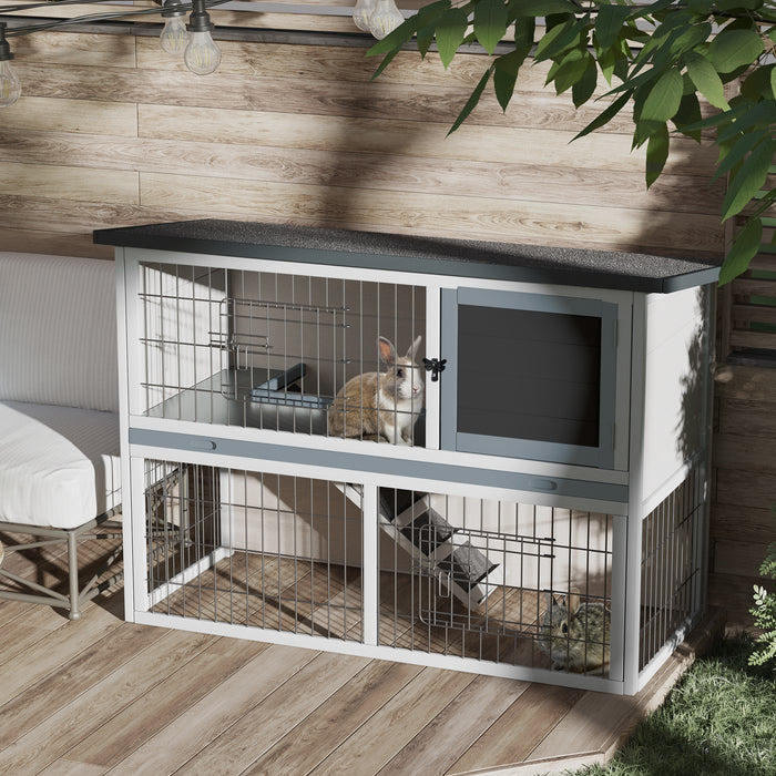 Two-Story Fir Wood Pet Hutch - Small Animal Enclosure with Sliding Tray, Grey Finish - Ideal Habitat for Rabbits & Guinea Pigs