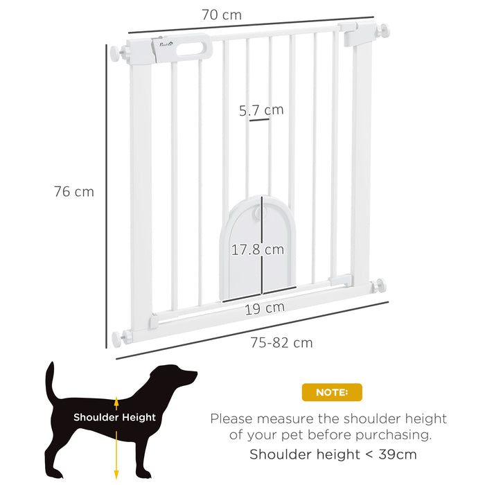 Pressure Fit Double Locking Pet Safety Gate, 75-82cm - Includes Cat Flap for Doorways and Hallways, White - Ideal Barrier for Pets and Small Animals