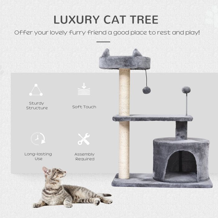 3-Tier Cat Tree with Sisal Rope Scratching Posts and Hanging Toys - Durable Grey Feline Activity Center - Ideal for Claw Maintenance and Play