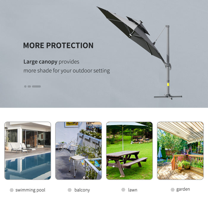 3M Adjustable Cantilever Parasol with Solar Lights - Power Bank, Cross Base, 360° Rotation, 2-Tier Canopy for Garden - Outdoor Sunshade Umbrella for Patio Comfort and Style