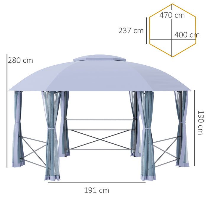 Hexagon Metal Gazebo Canopy 4x4.7m - Outdoor Patio Shelter with 2-Tier Roof and Netting, Steel Frame in Grey - Elegant Sun Shade for Garden Spaces