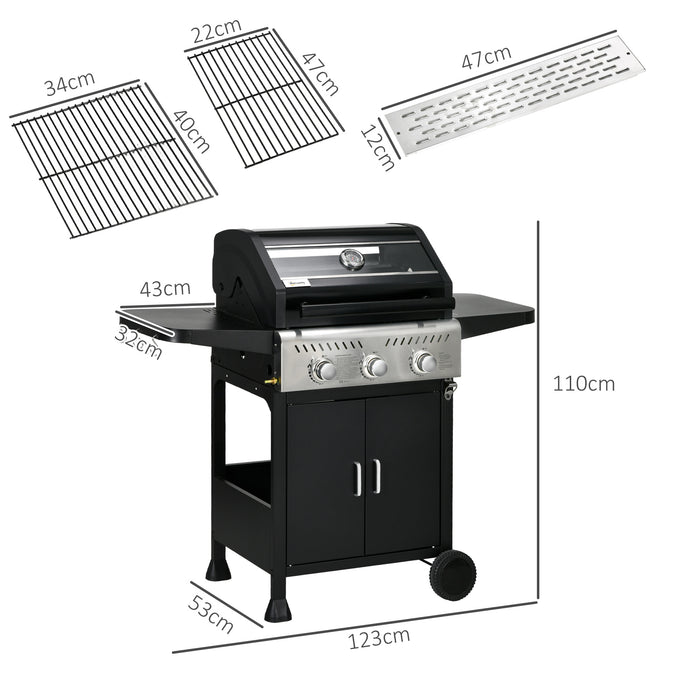 9 kW Triple Burner Gas Barbecue Grill with Transparent Lid - Durable Outdoor Cooking Station, Black Finish - Ideal for Patio Parties and Family Gatherings