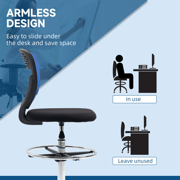 Ergonomic Drafting Chair - Swivel Mesh Draughtsman Stool with Lumbar Support and Adjustable Foot Ring - Armless Design for Standing Desks, Dark Blue