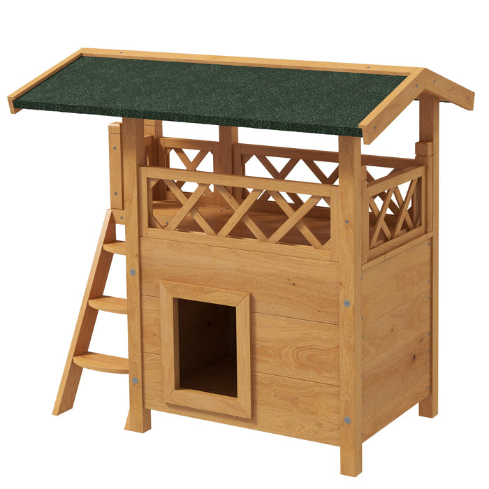 Outdoor Cat Shelter with Elevated Balcony and Stairs - Weatherproof Wooden Design, 77x50x73 cm - Perfect Hideaway for Cats in Gardens or Backyards